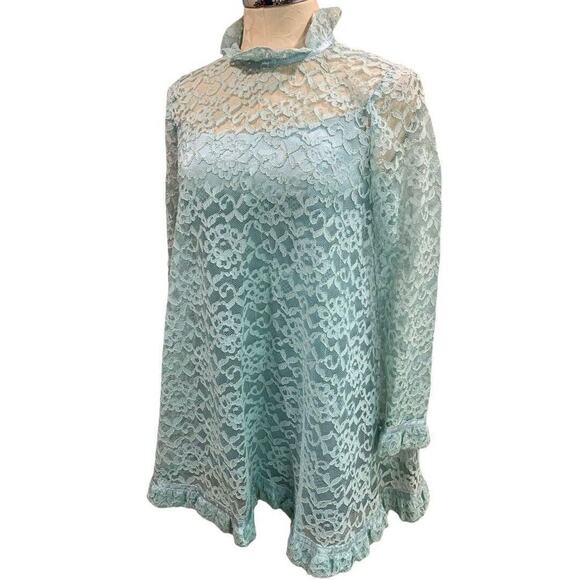 Vintage Aqua Swing Shift Mini Dress Vintage 1960s Lace Overlay Satin - Picture 2 of 10